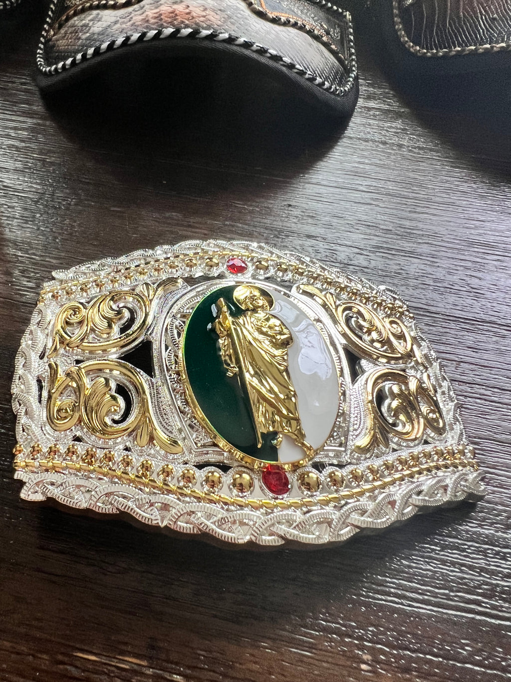 San Judas Tadeo Gold, Silver & Green Belt Buckle