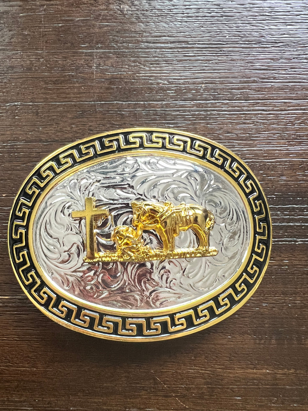 Western Cowboy Belt Buckle with Cross & Praying Cowboy – Gold Silver Engraved Hevilla for Men & Women