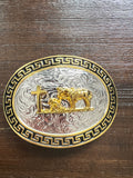 Western Cowboy Belt Buckle with Cross & Praying Cowboy – Gold Silver Engraved Hevilla for Men & Women