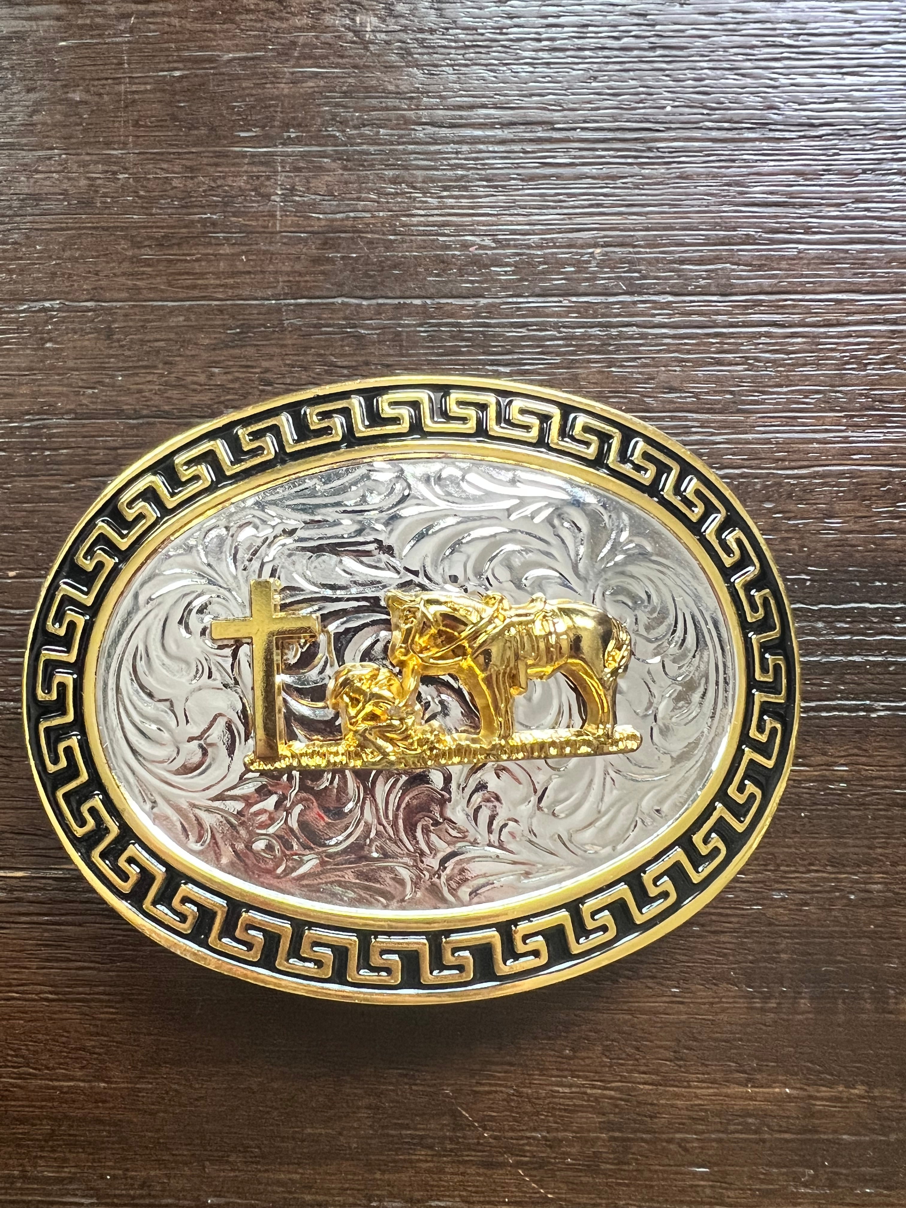 Western Cowboy Belt Buckle with Cross & Praying Cowboy – Gold Silver Engraved Hevilla for Men & Women