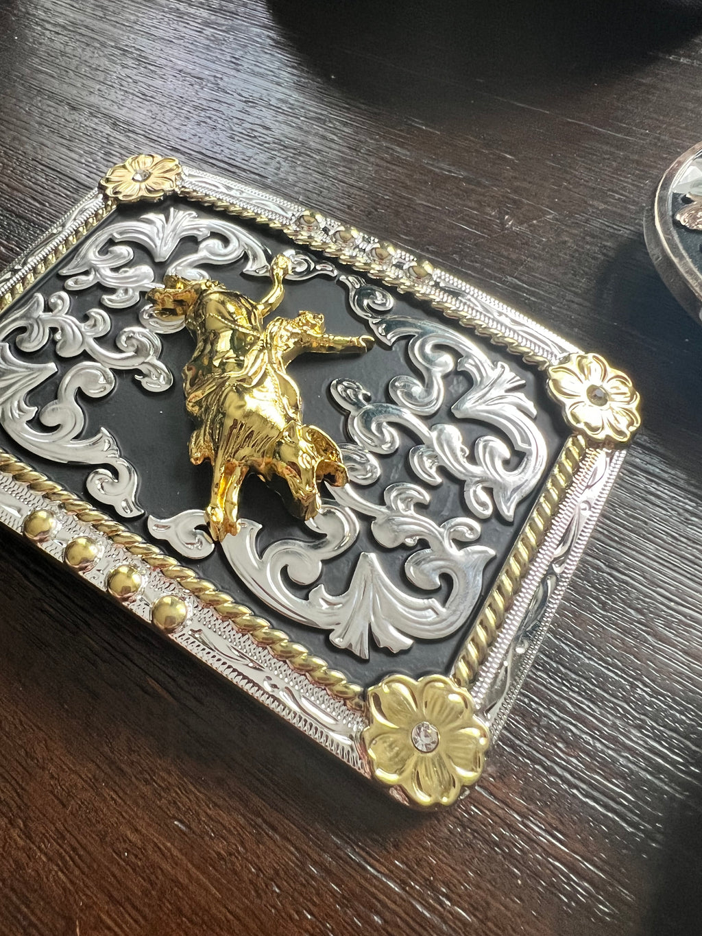 Gold Bull Rider Silver & Black Belt Buckle