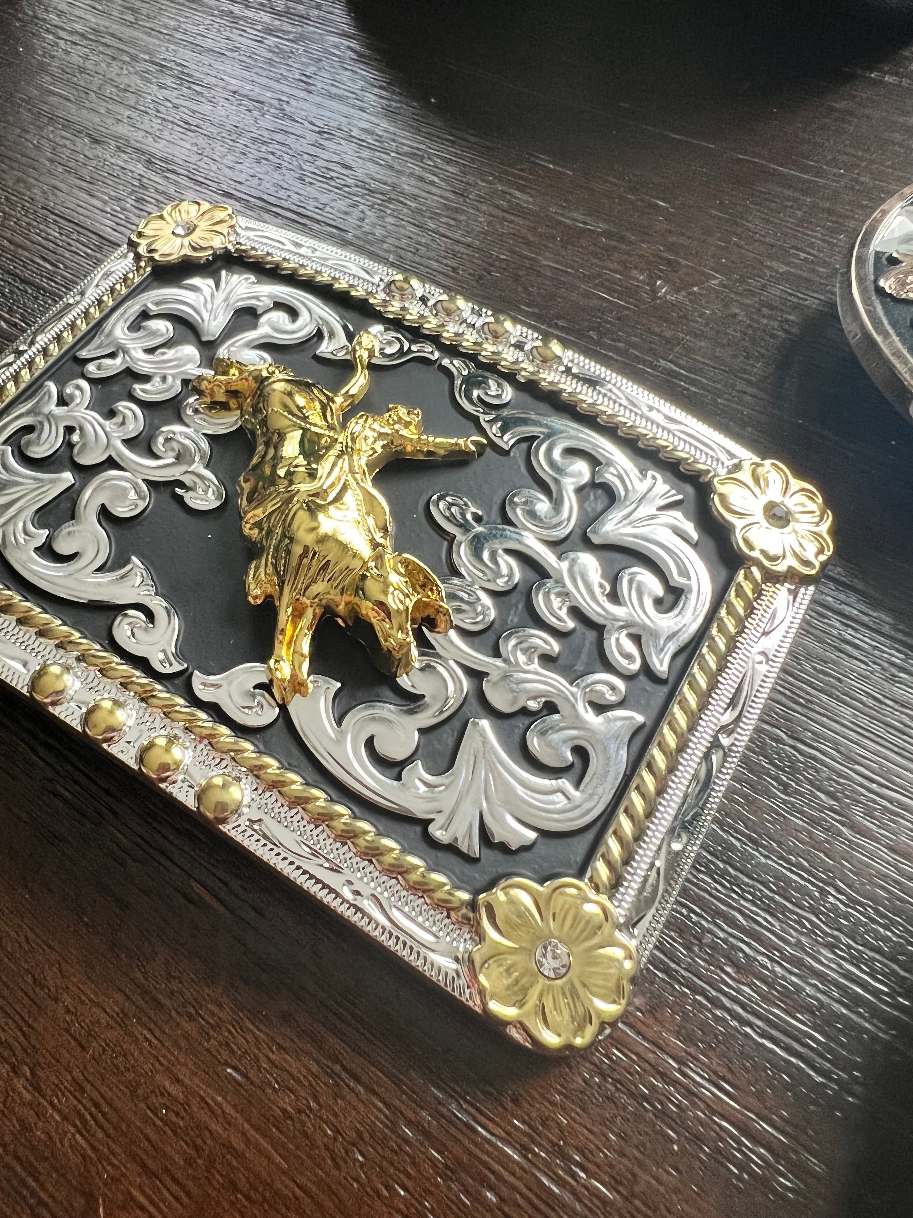 Gold Bull Rider Silver & Black Belt Buckle
