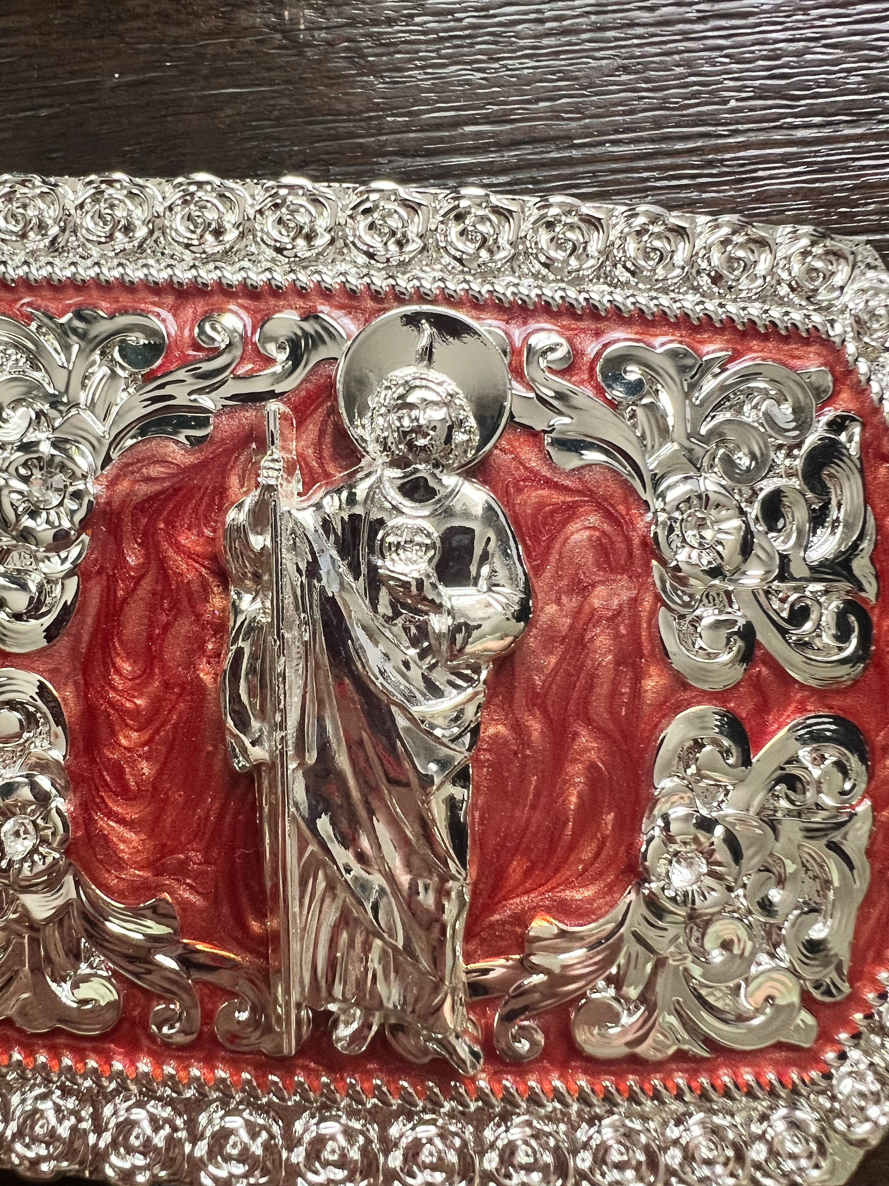San Judas Tadeo Red and Silver Belt Buckle