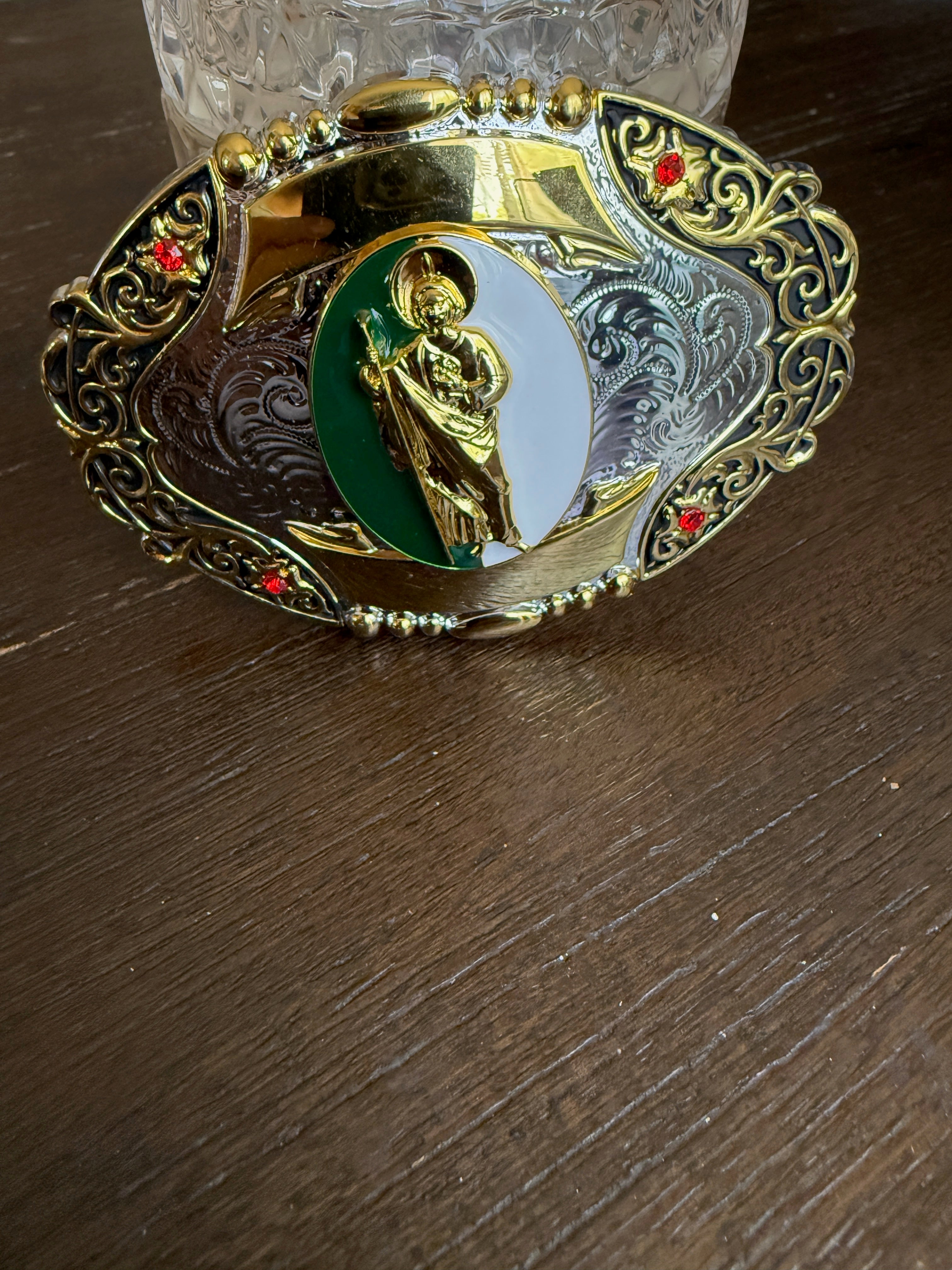 San Judas Tadeo Gold, Silver & Green Oval Belt Buckle