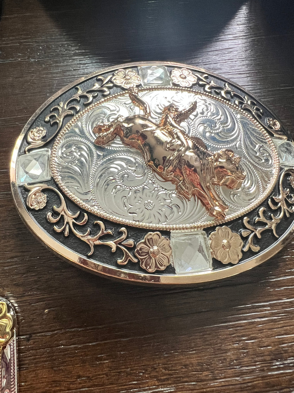 Bull Rider Rose Gold, Silver and Black Belt Buckle with Embossed Detail