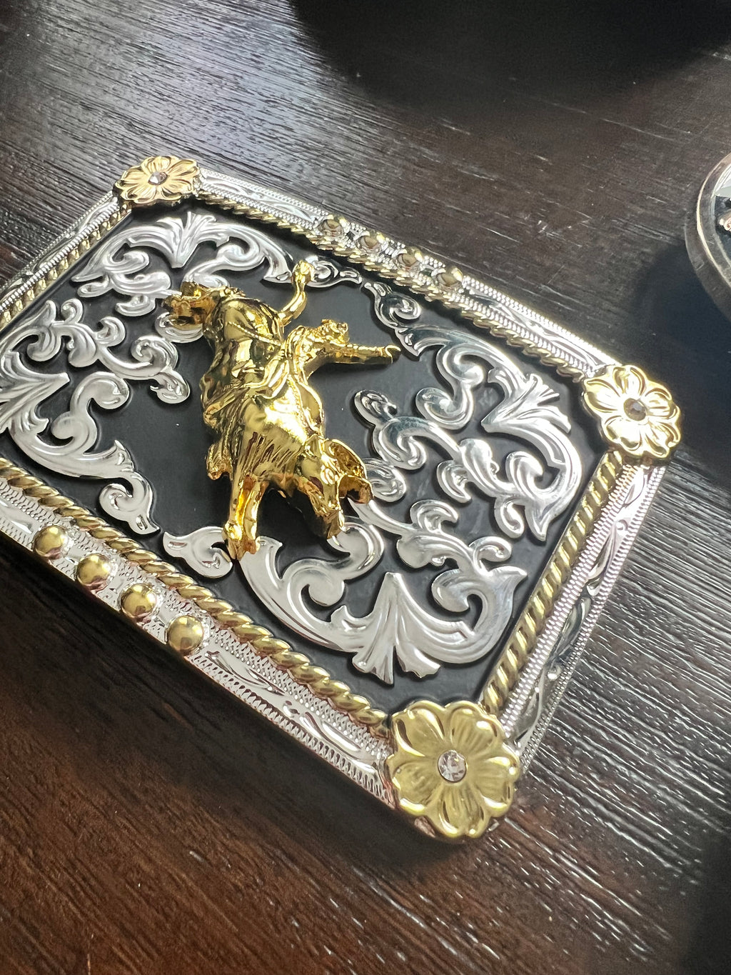 Gold Bull Rider Silver & Black Belt Buckle