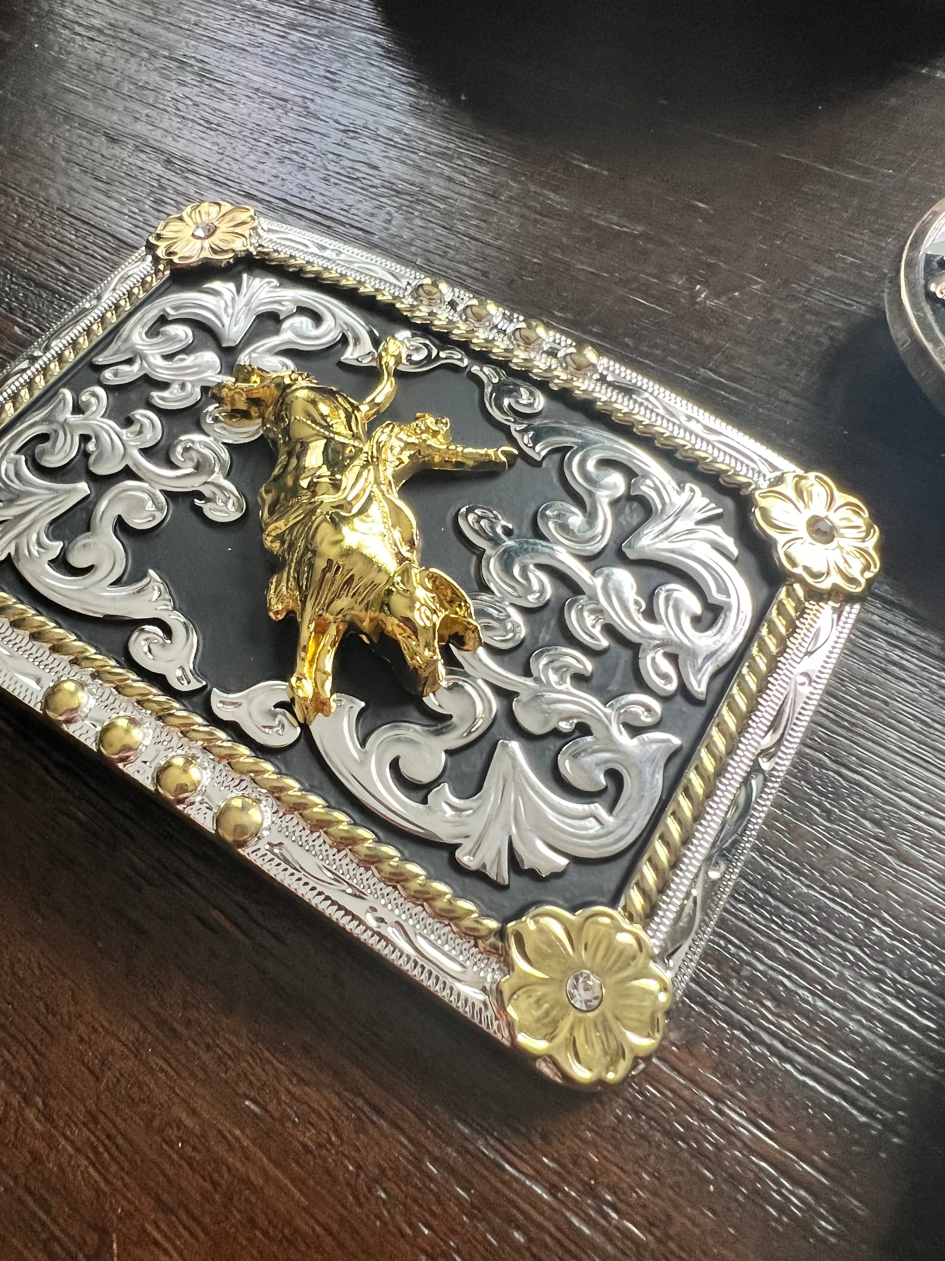 Gold Bull Rider Silver & Black Belt Buckle