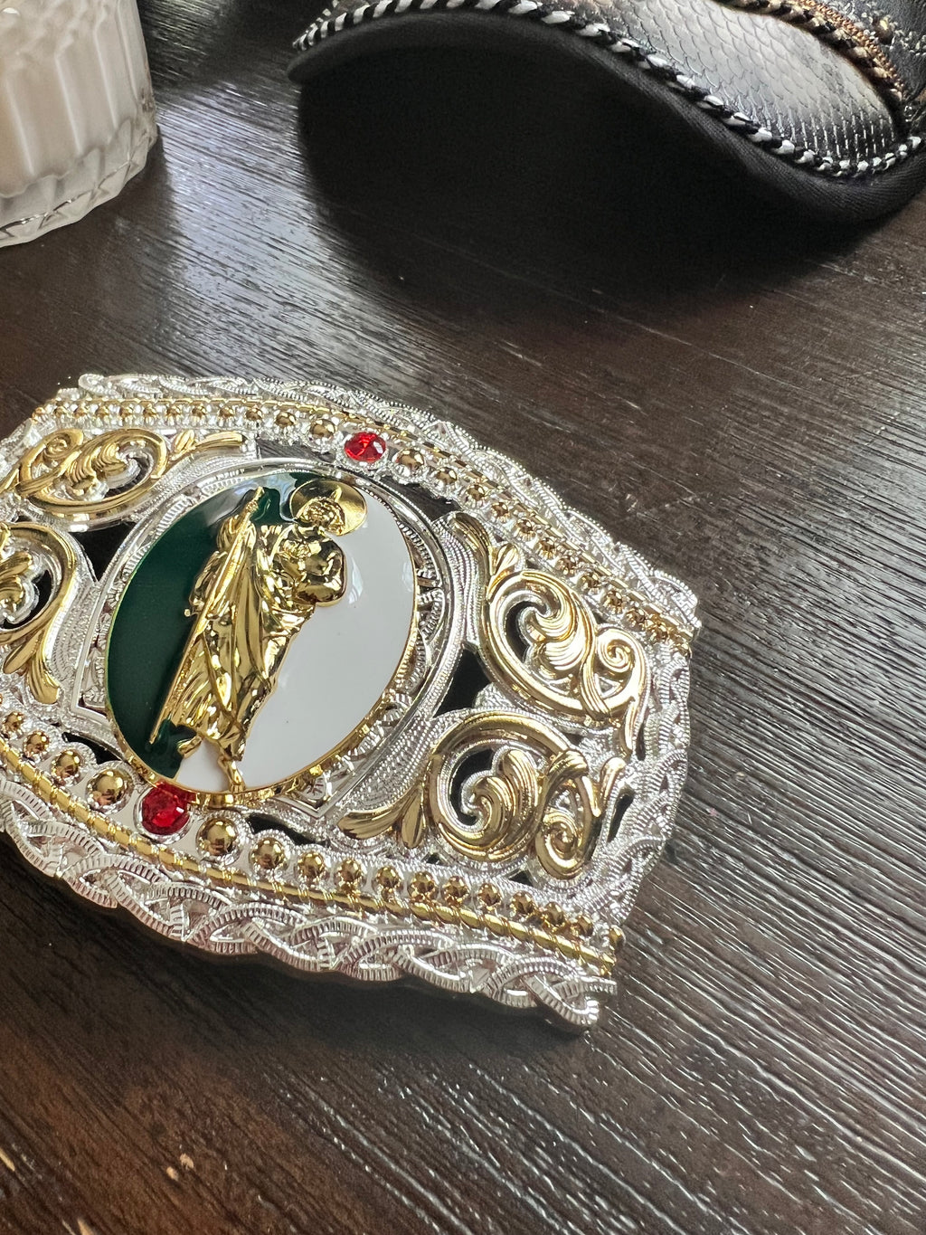San Judas Tadeo Gold, Silver & Green Belt Buckle