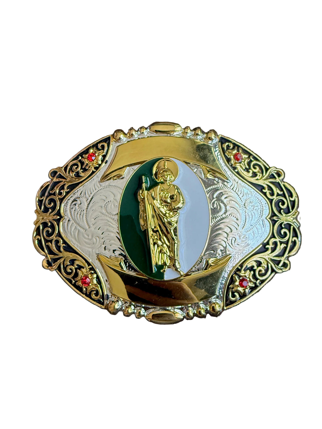 San Judas Tadeo Gold, Silver & Green Oval Belt Buckle