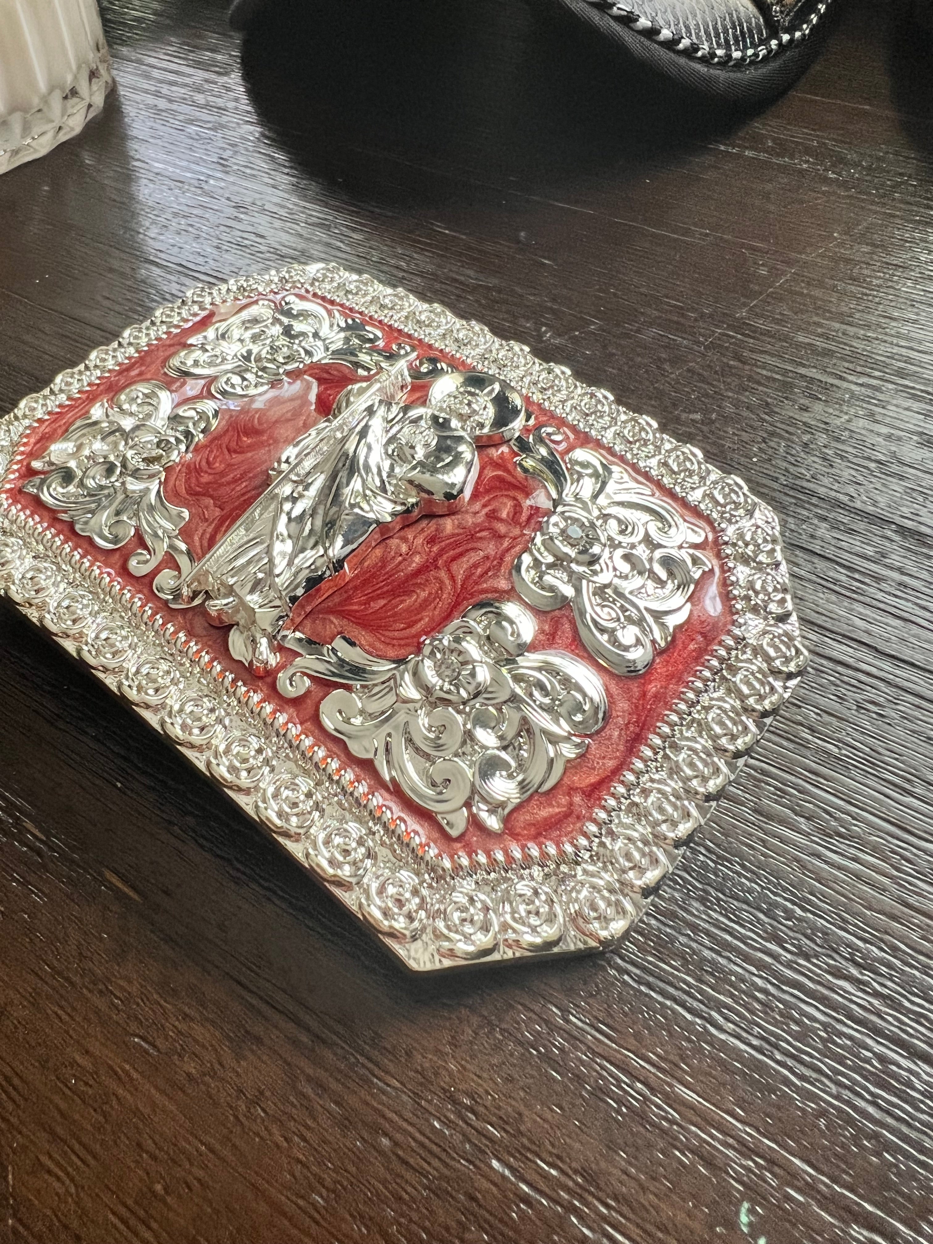 San Judas Tadeo Red and Silver Belt Buckle