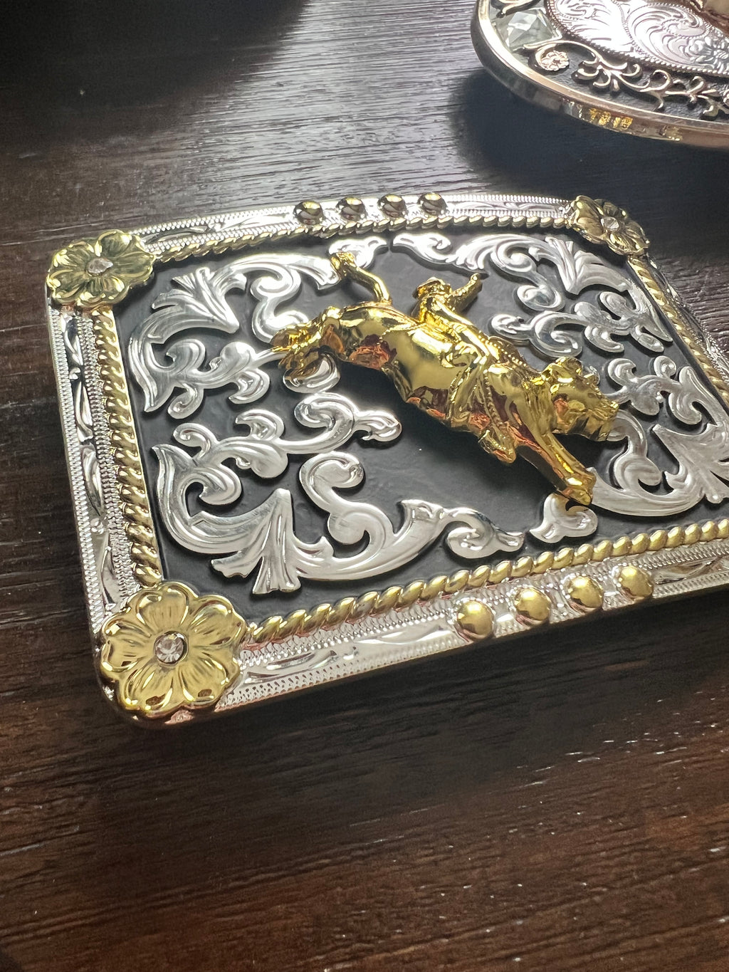 Gold Bull Rider Silver & Black Belt Buckle
