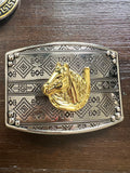 Western Horse Head Belt Buckle – Gold & Silver Engraved Hevilla