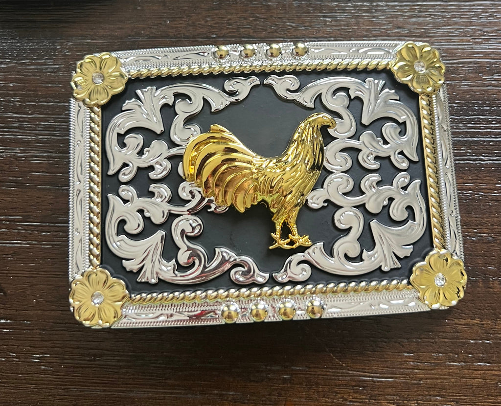 Western Rooster Belt Buckle – Gold & Silver Engraved Hevilla with Black Background