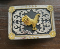 Western Rooster Belt Buckle – Gold & Silver Engraved Hevilla with Black Background