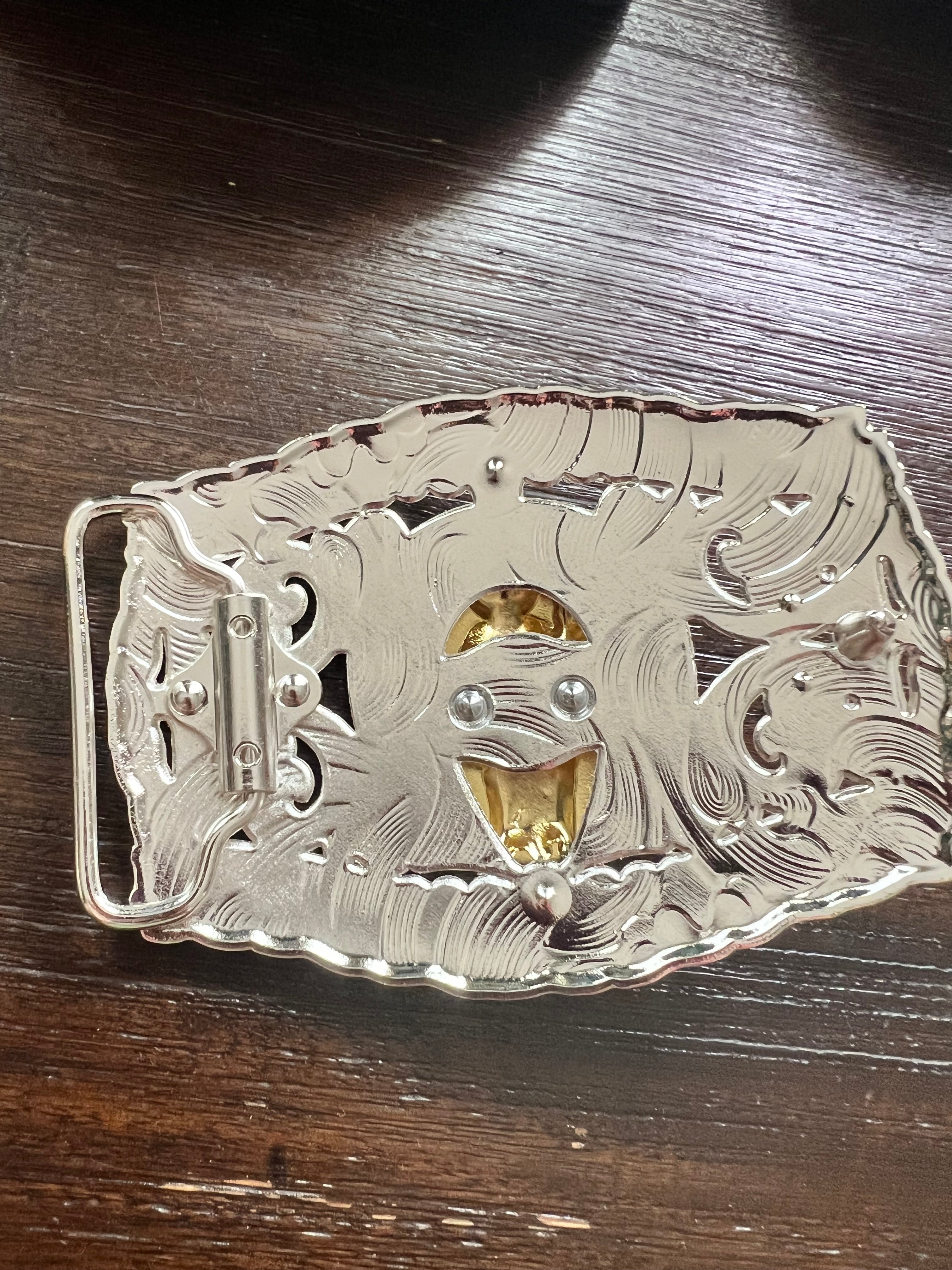 San Judas Tadeo Gold, Silver & Green Belt Buckle