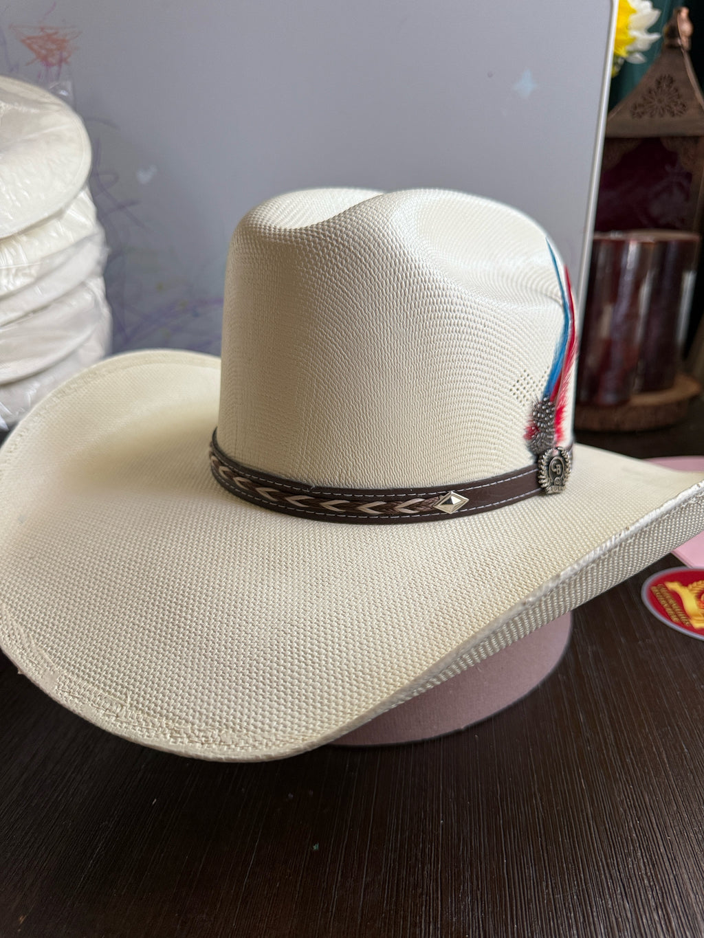 White Western Cowboy Hat – Classic Rodeo Style Hat with Feather Accent 6 7/8 | Sombrero Vaquero