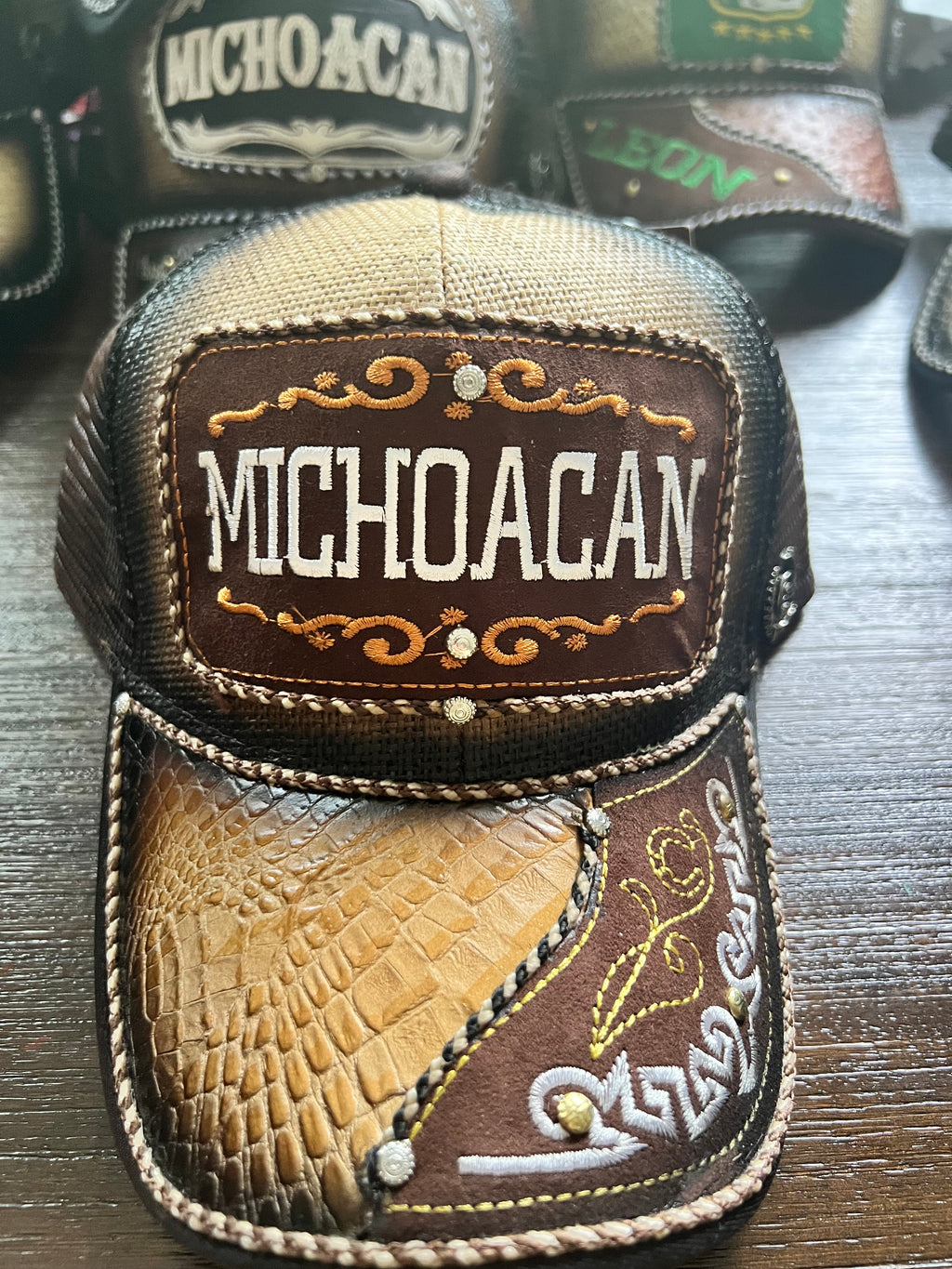 Michoacan Embroidery Leather Trucker Hat with Snap Back