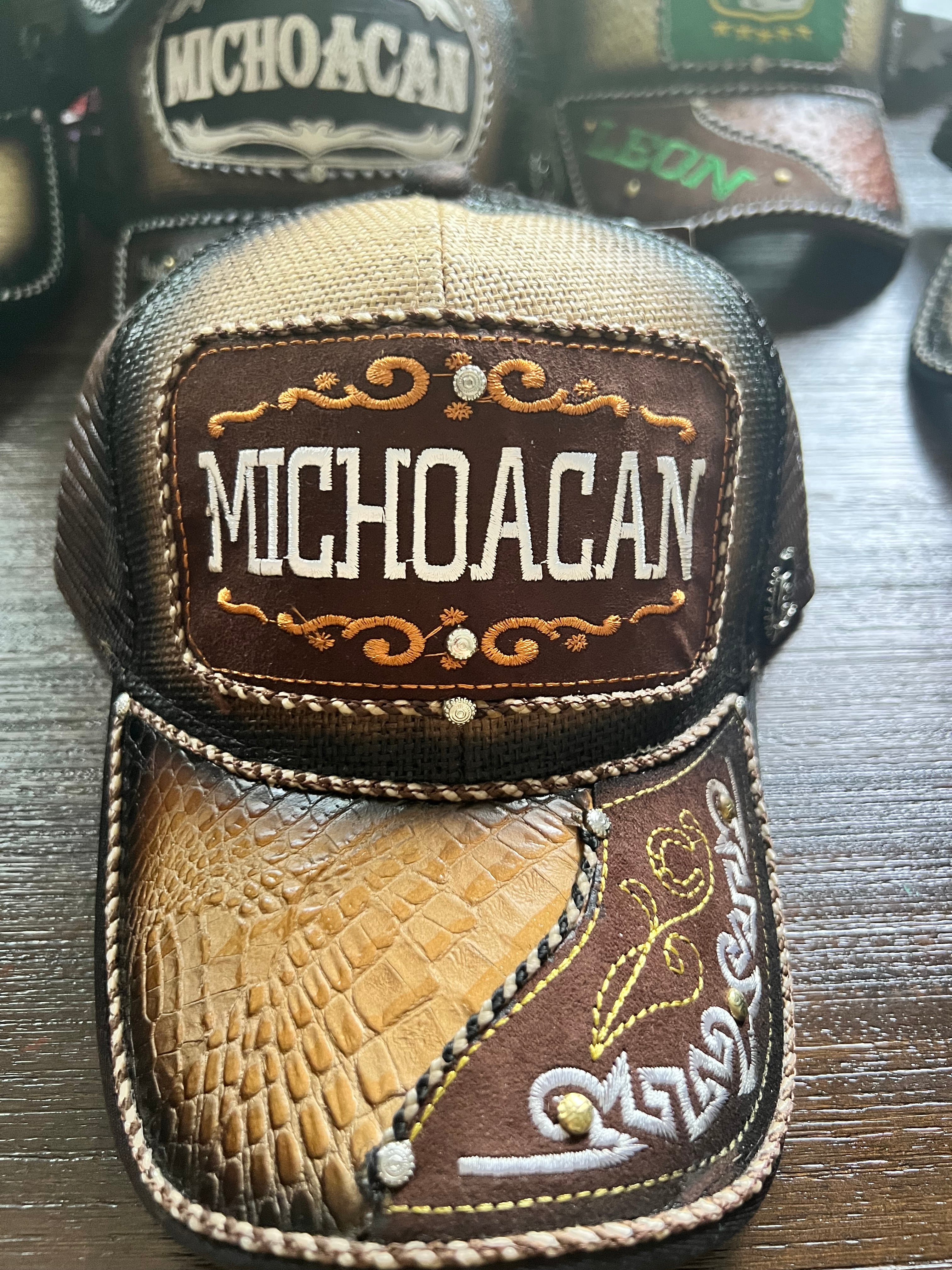 Michoacan Embroidery Leather Trucker Hat with Snap Back