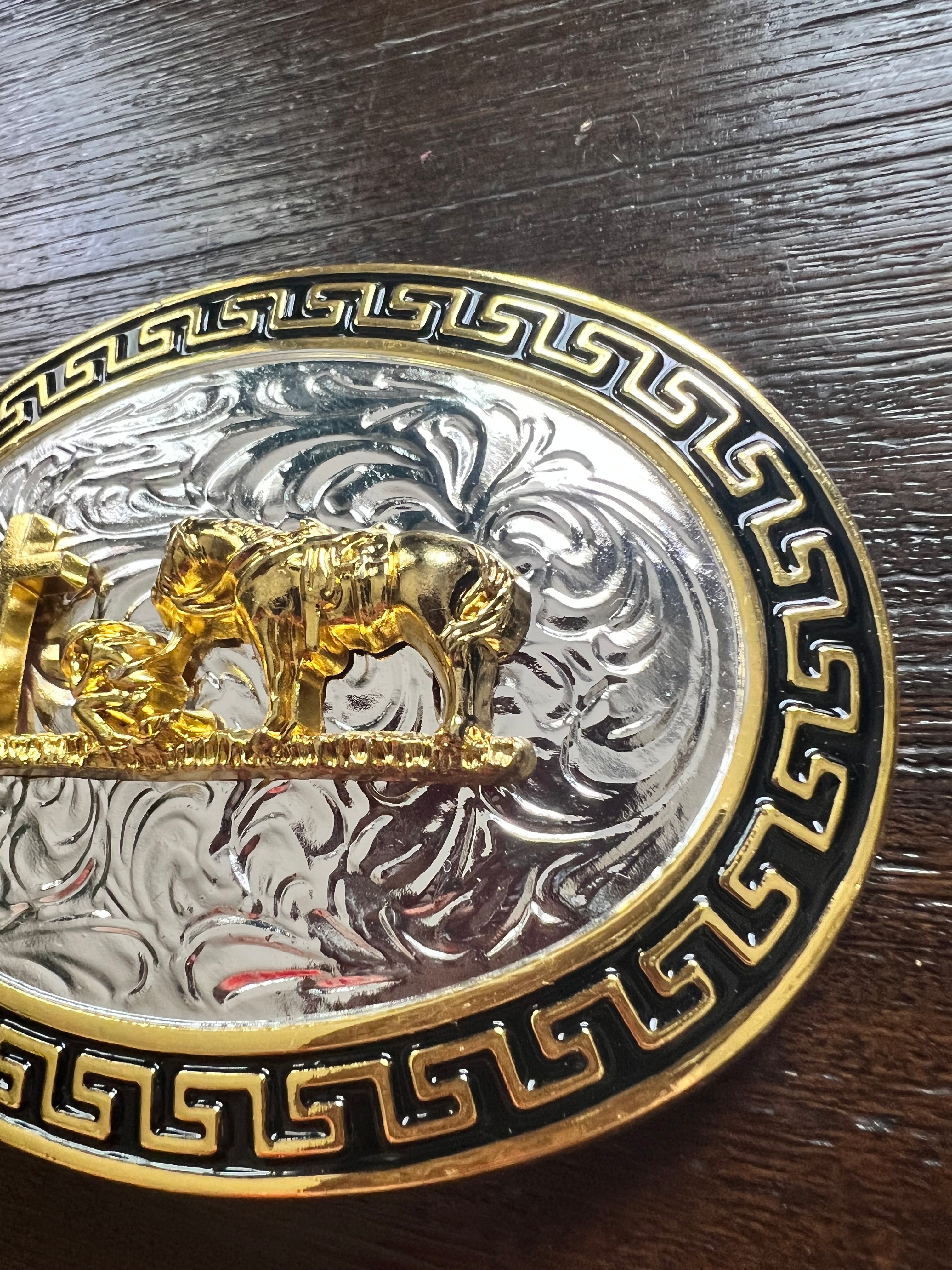 Western Cowboy Belt Buckle with Cross & Praying Cowboy – Gold Silver Engraved Hevilla for Men & Women