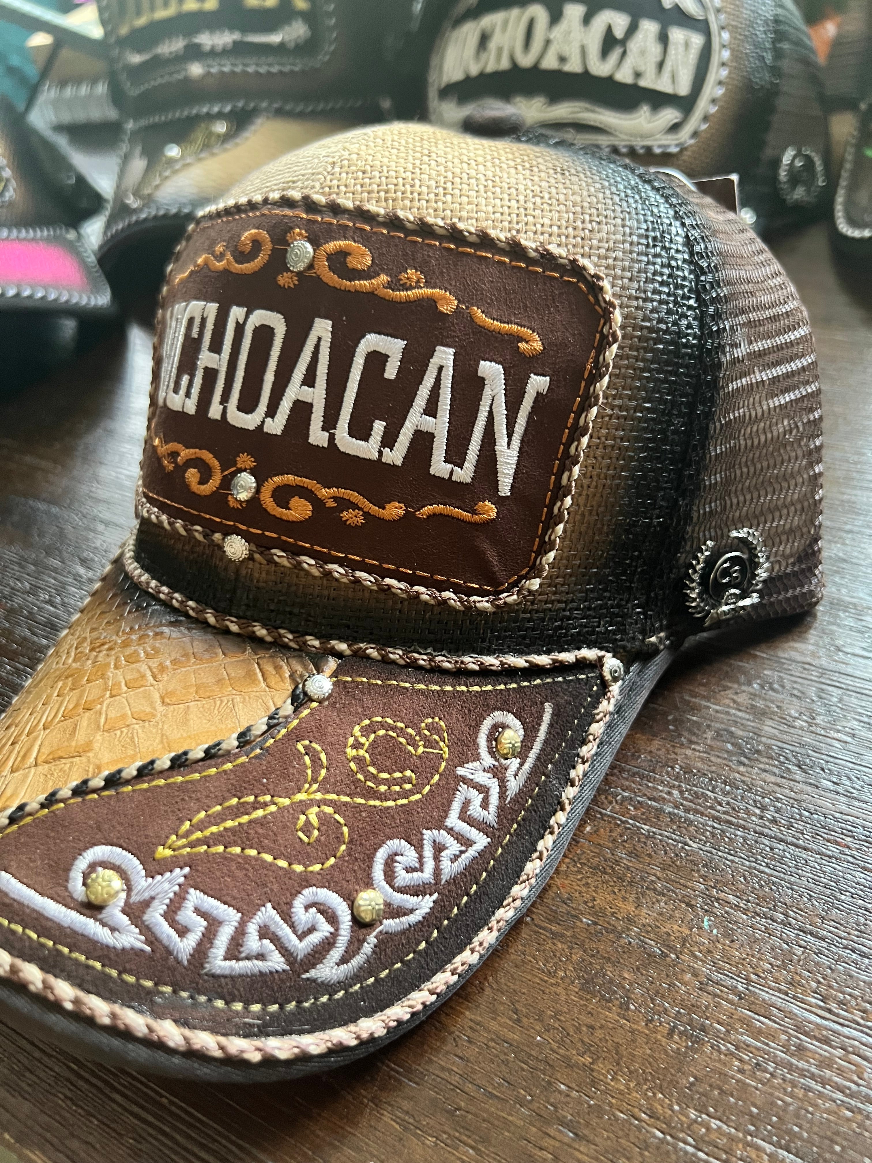 Michoacan Embroidery Leather Trucker Hat with Snap Back