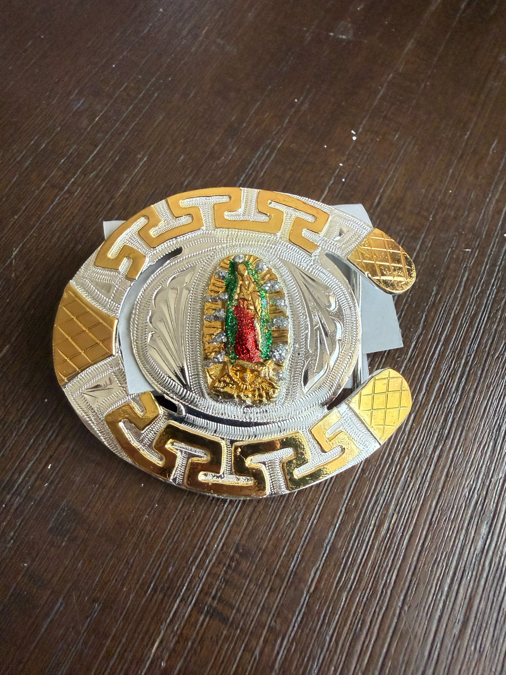 Virgen Mary & Horseshoe Gold, Silver & Green Oval Belt Buckle