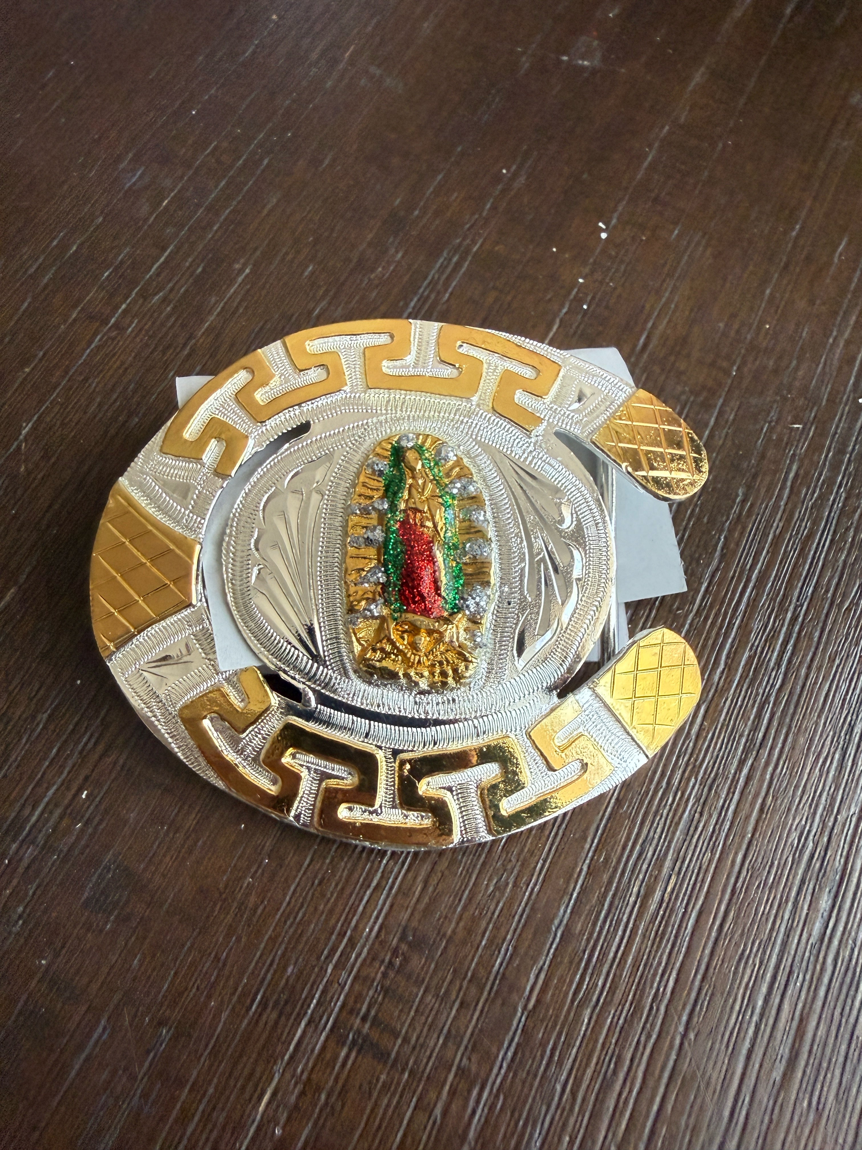 Virgen Mary & Horseshoe Gold, Silver & Green Oval Belt Buckle