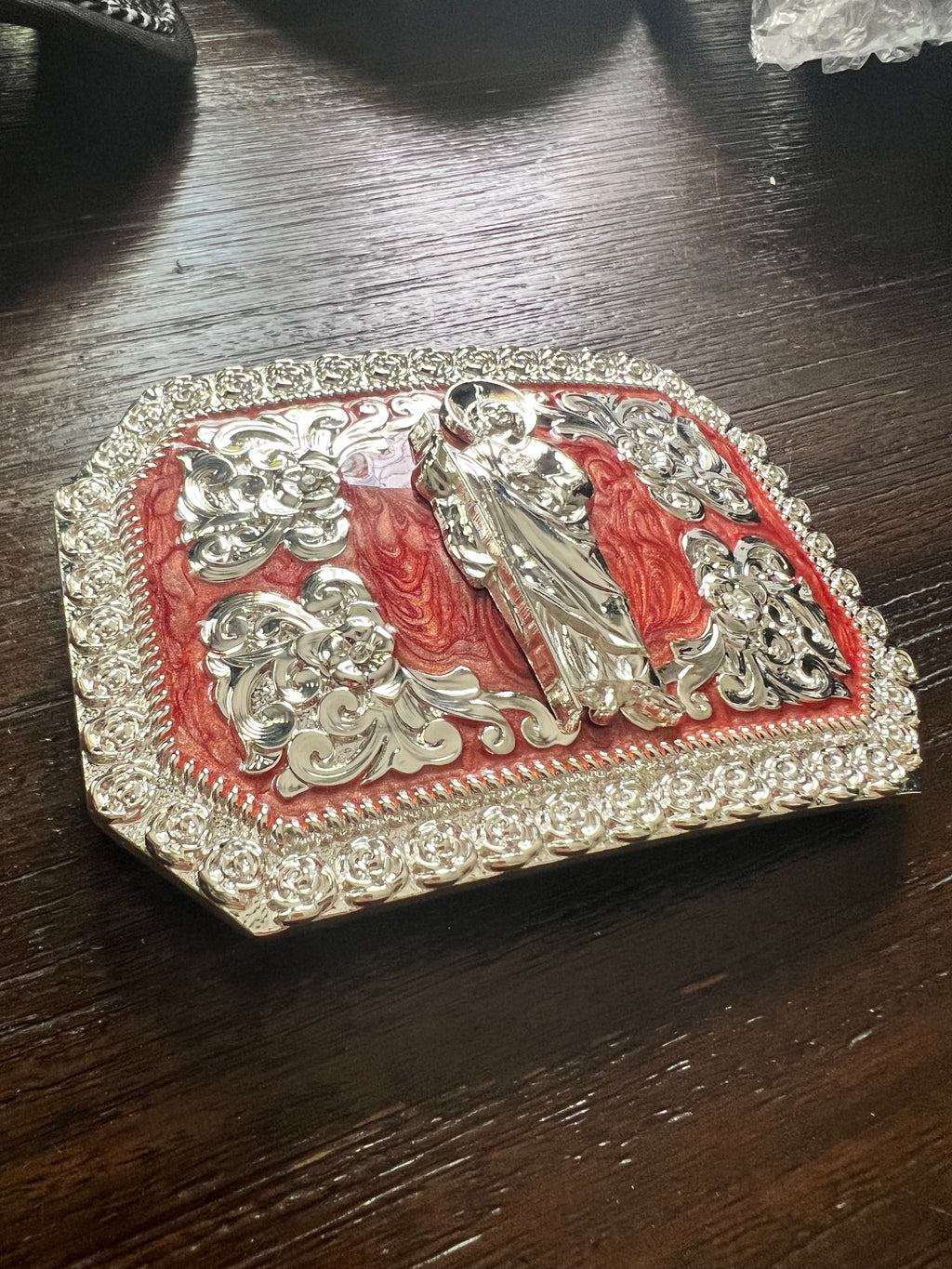 San Judas Tadeo Red and Silver Belt Buckle