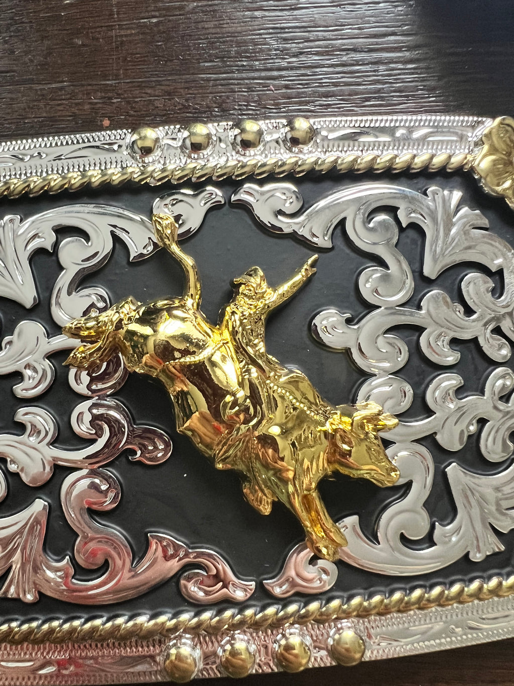 Gold Bull Rider Silver & Black Belt Buckle