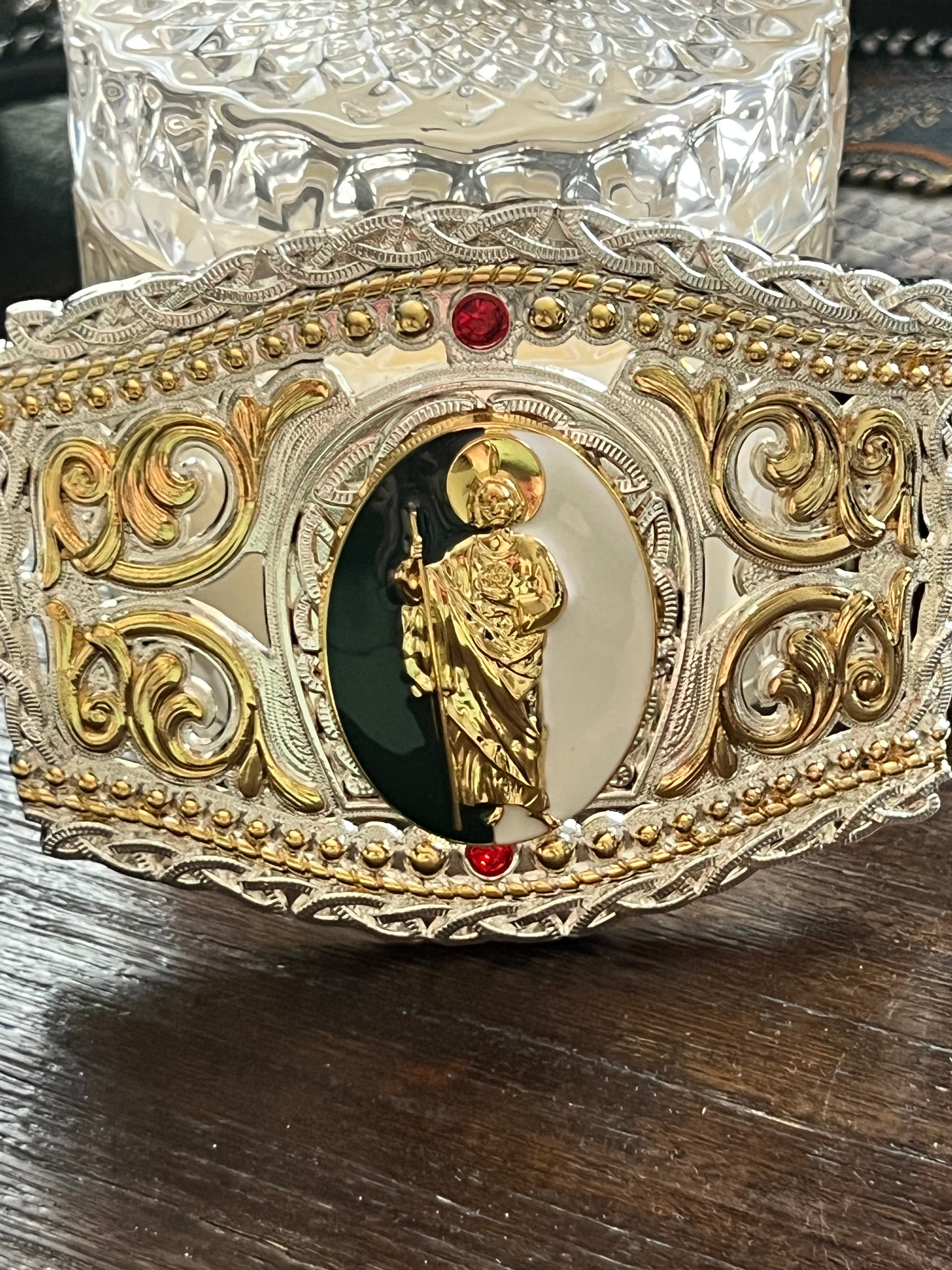 San Judas Tadeo Gold, Silver & Green Belt Buckle