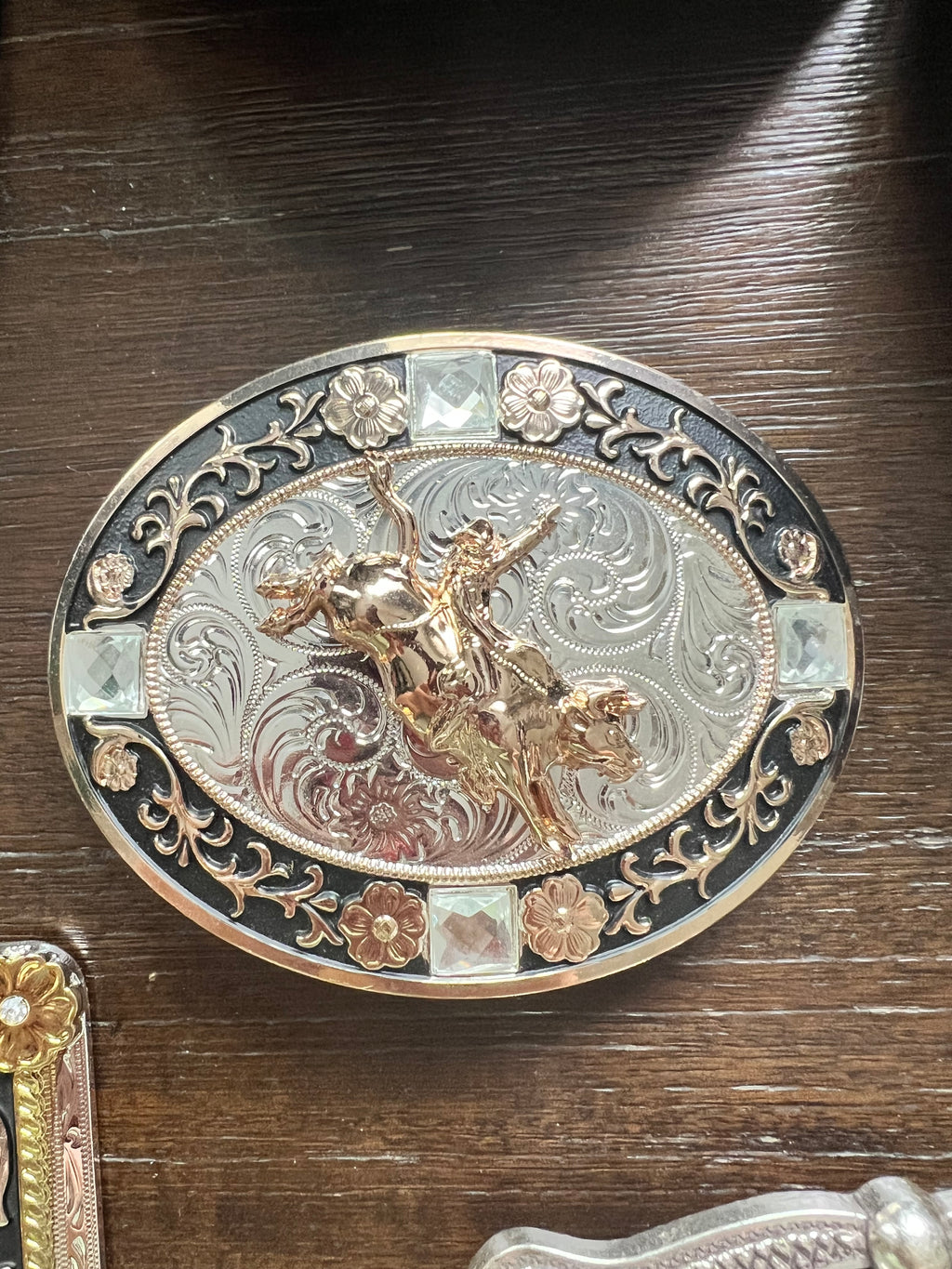 Bull Rider Rose Gold, Silver and Black Belt Buckle with Embossed Detail