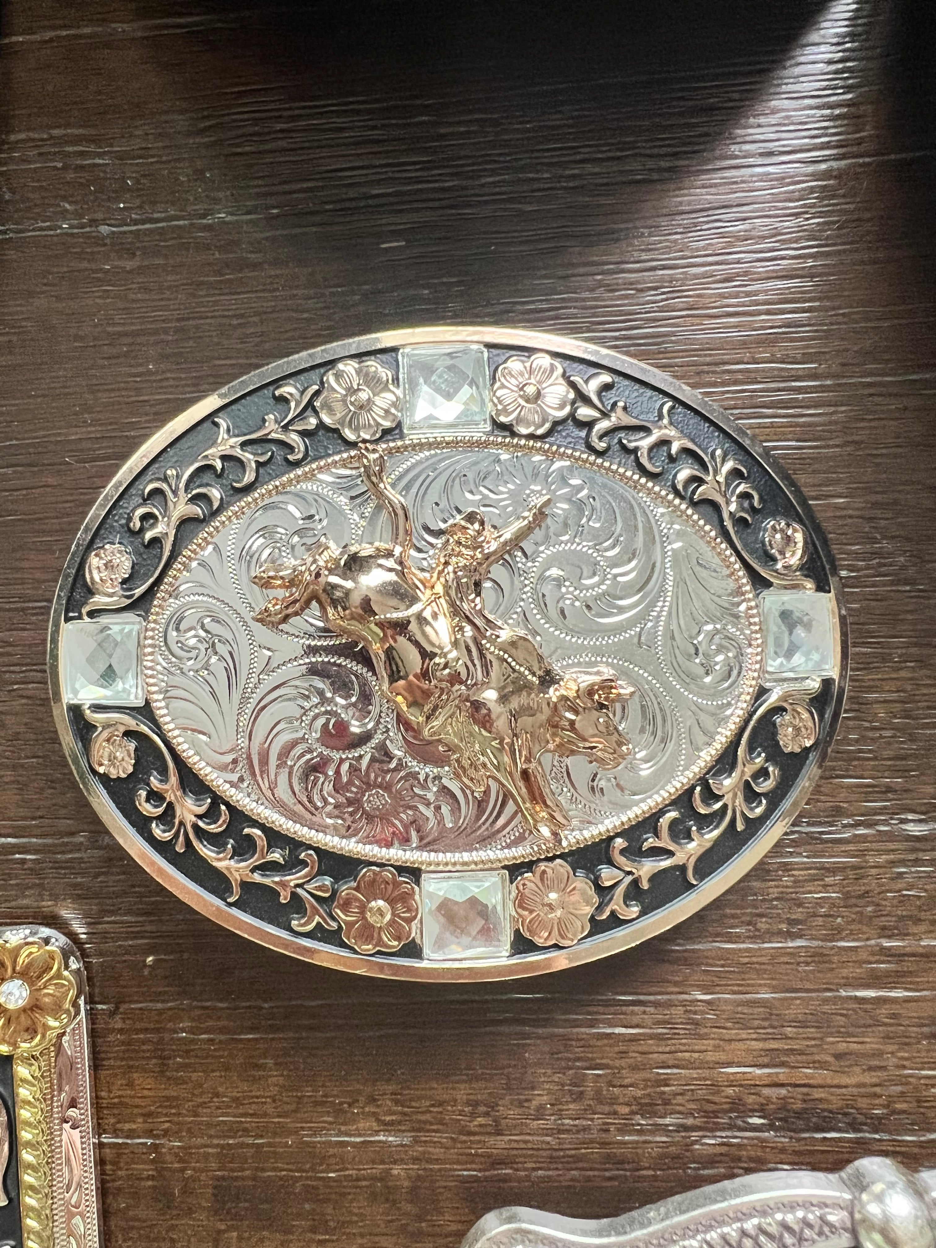 Bull Rider Rose Gold, Silver and Black Belt Buckle with Embossed Detail