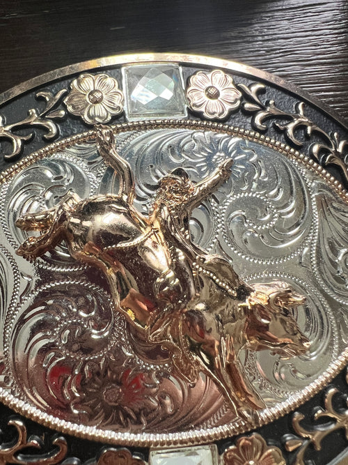 Bull Rider Rose Gold, Silver and Black Belt Buckle with Embossed Detail