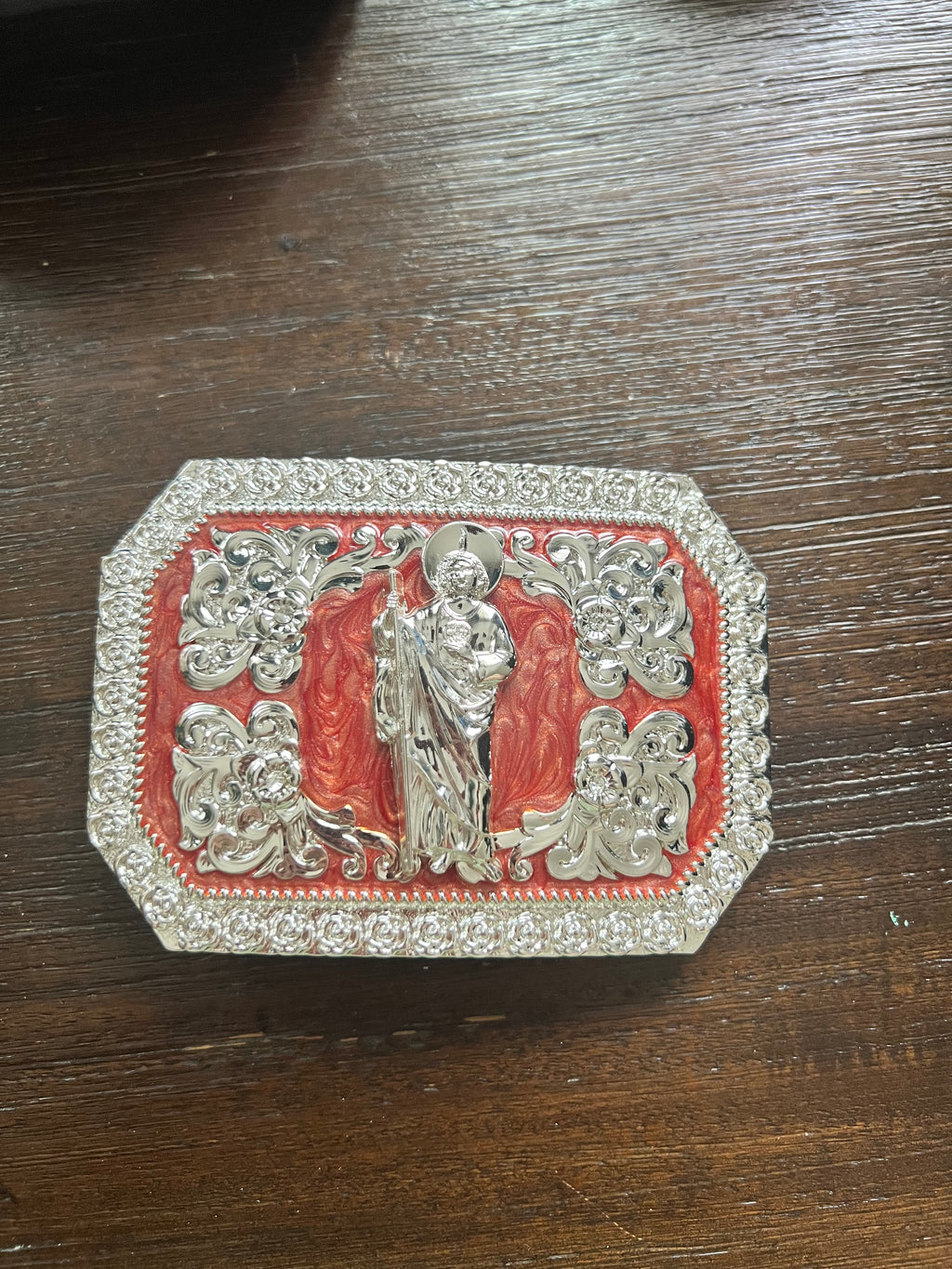San Judas Tadeo Red and Silver Belt Buckle