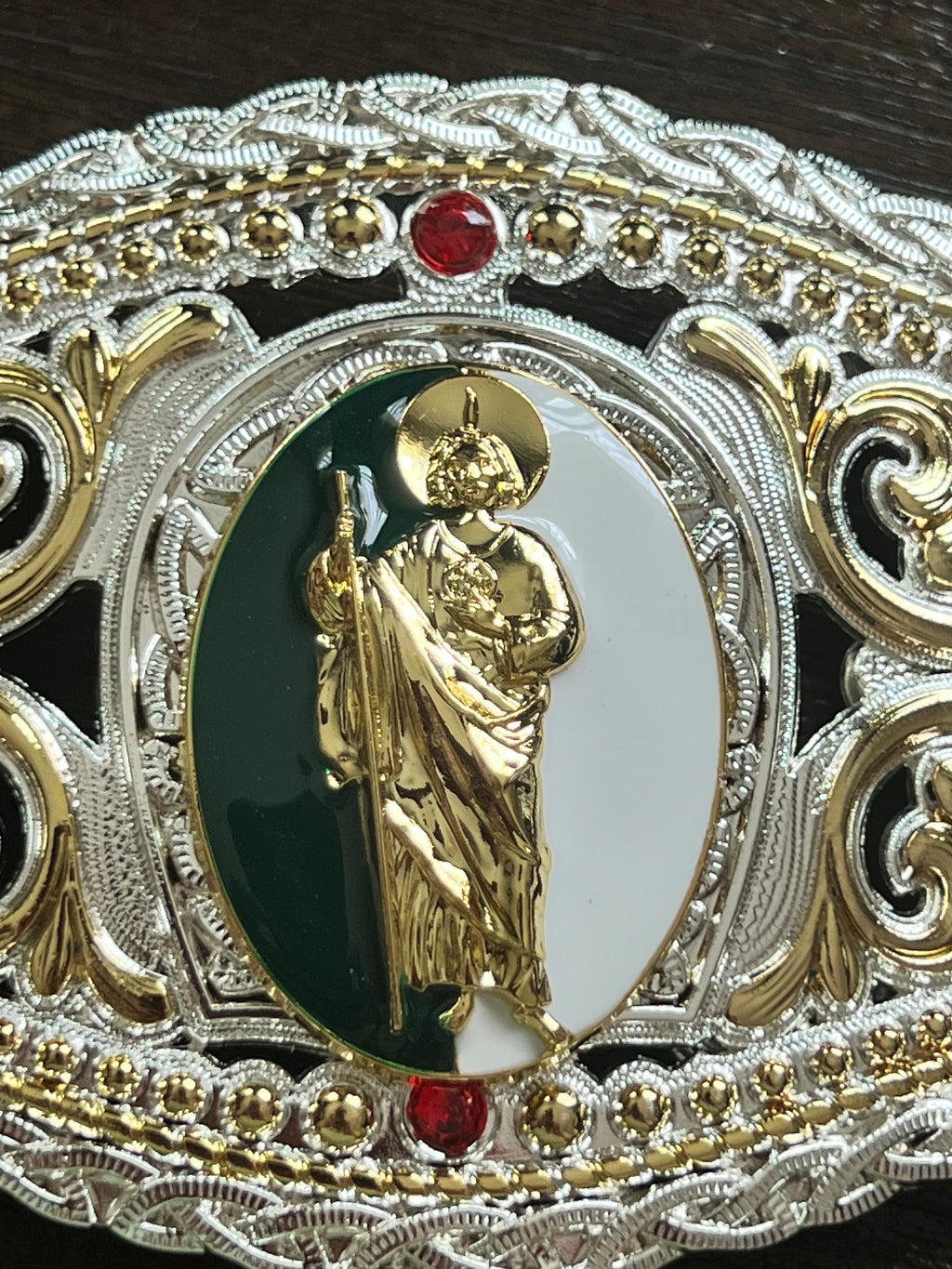 San Judas Tadeo Gold, Silver & Green Belt Buckle