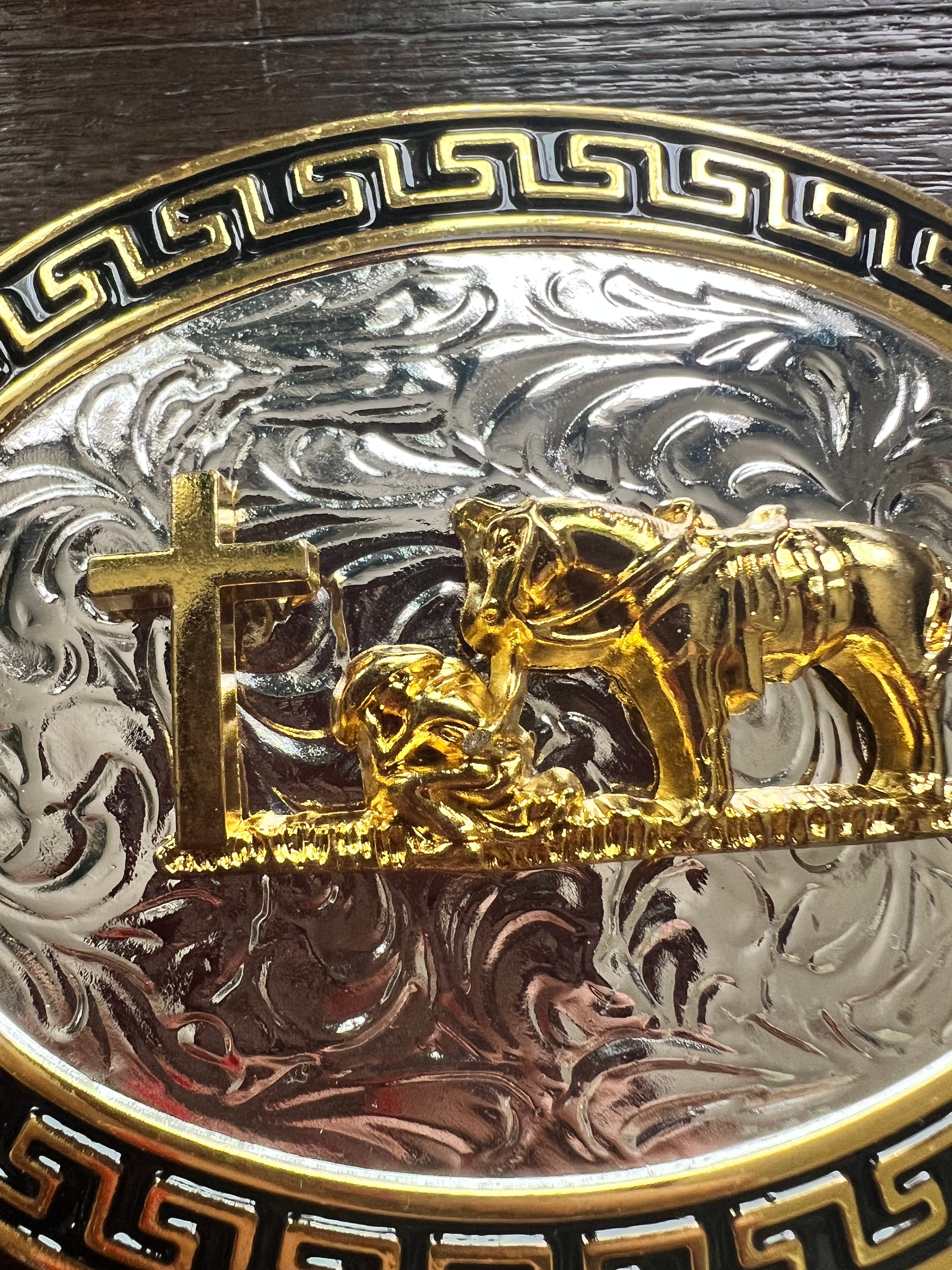 Western Cowboy Belt Buckle with Cross & Praying Cowboy – Gold Silver Engraved Hevilla for Men & Women