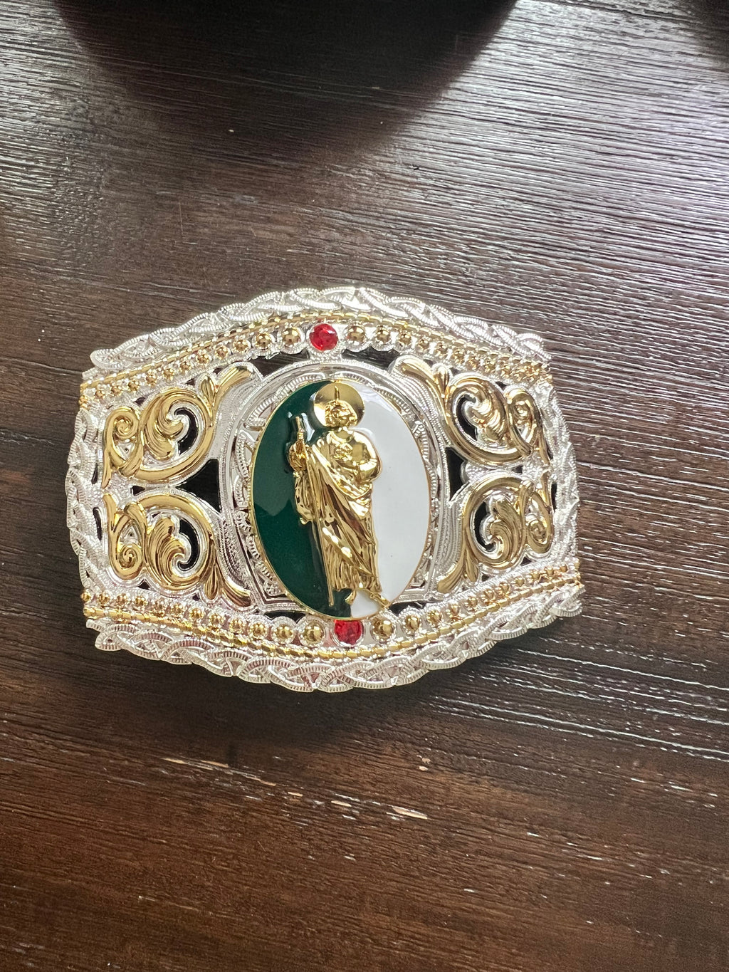 San Judas Tadeo Gold, Silver & Green Belt Buckle