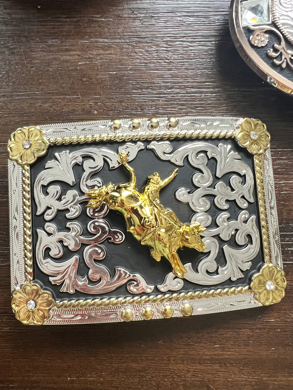Gold Bull Rider Silver & Black Belt Buckle