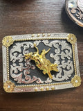 Gold Bull Rider Silver & Black Belt Buckle