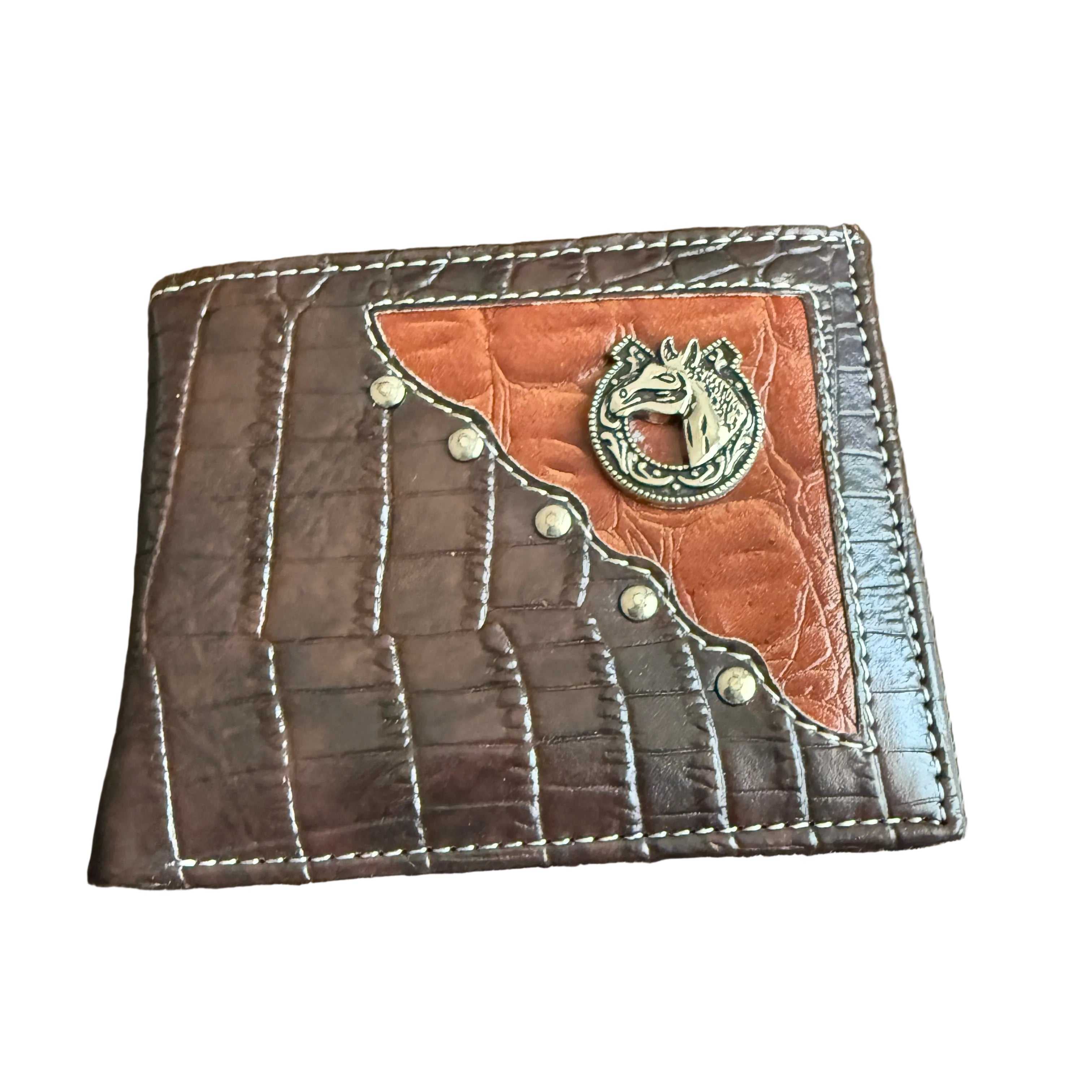 Men’s Genuine Leather Western Wallet – Crocodile Embossed Bifold Wallet with Horse Concho