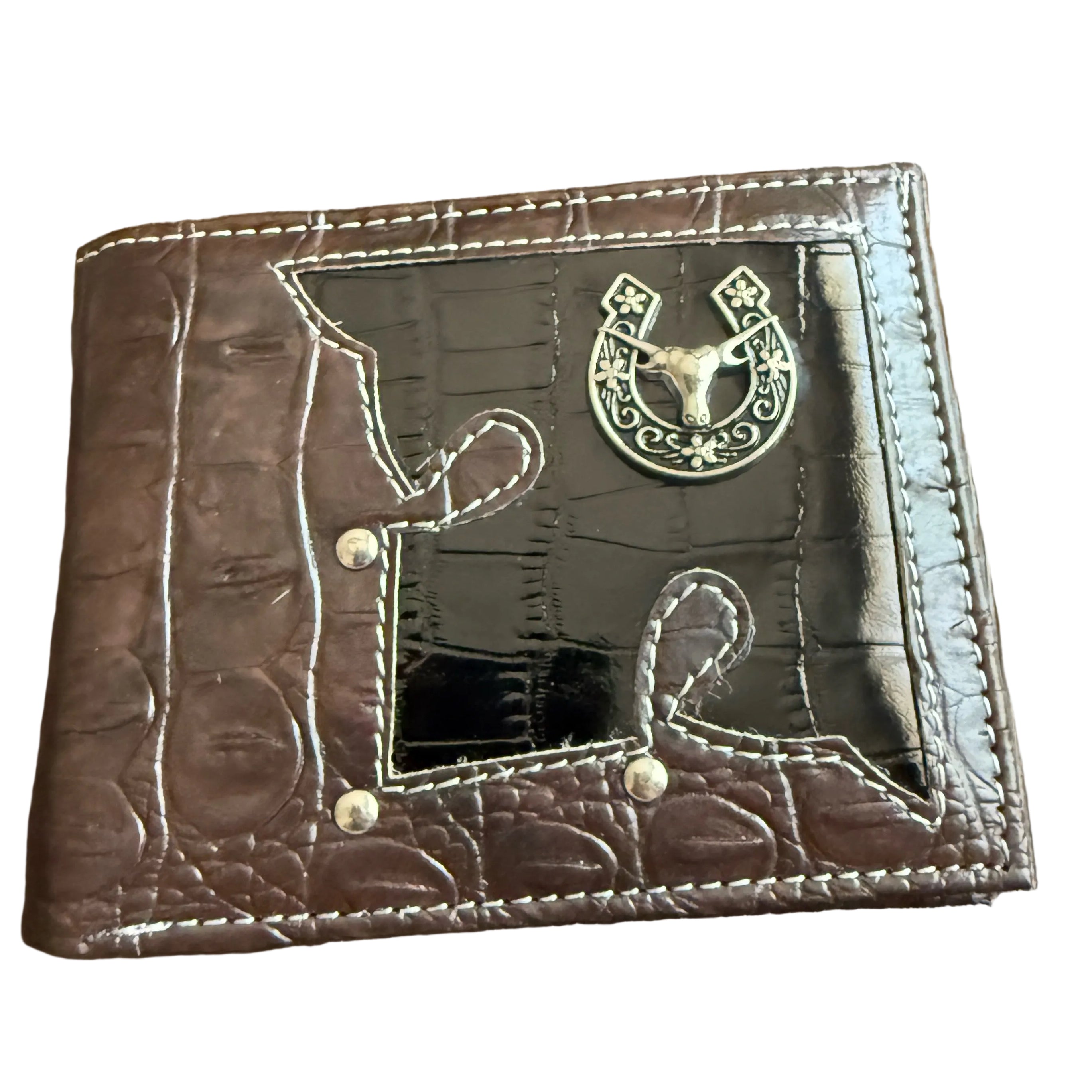 Men’s Genuine Leather Western Wallet – Crocodile Embossed Bifold Wallet with Bull & Horseshoe Concho