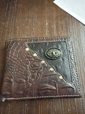 Men’s Genuine Leather Western Wallet – Crocodile Embossed Bifold Wallet with Bull Concho